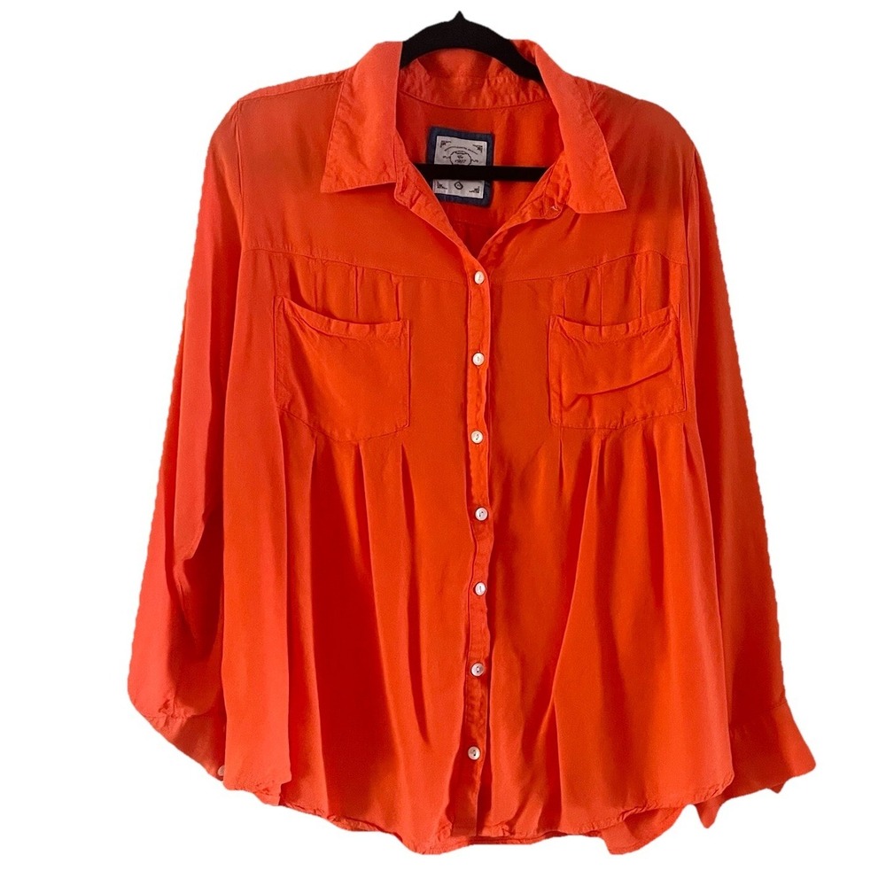 Style & Co 2X Orange Rayon Roll Tab Sleeve Button Front Blouse Beach Lightweight